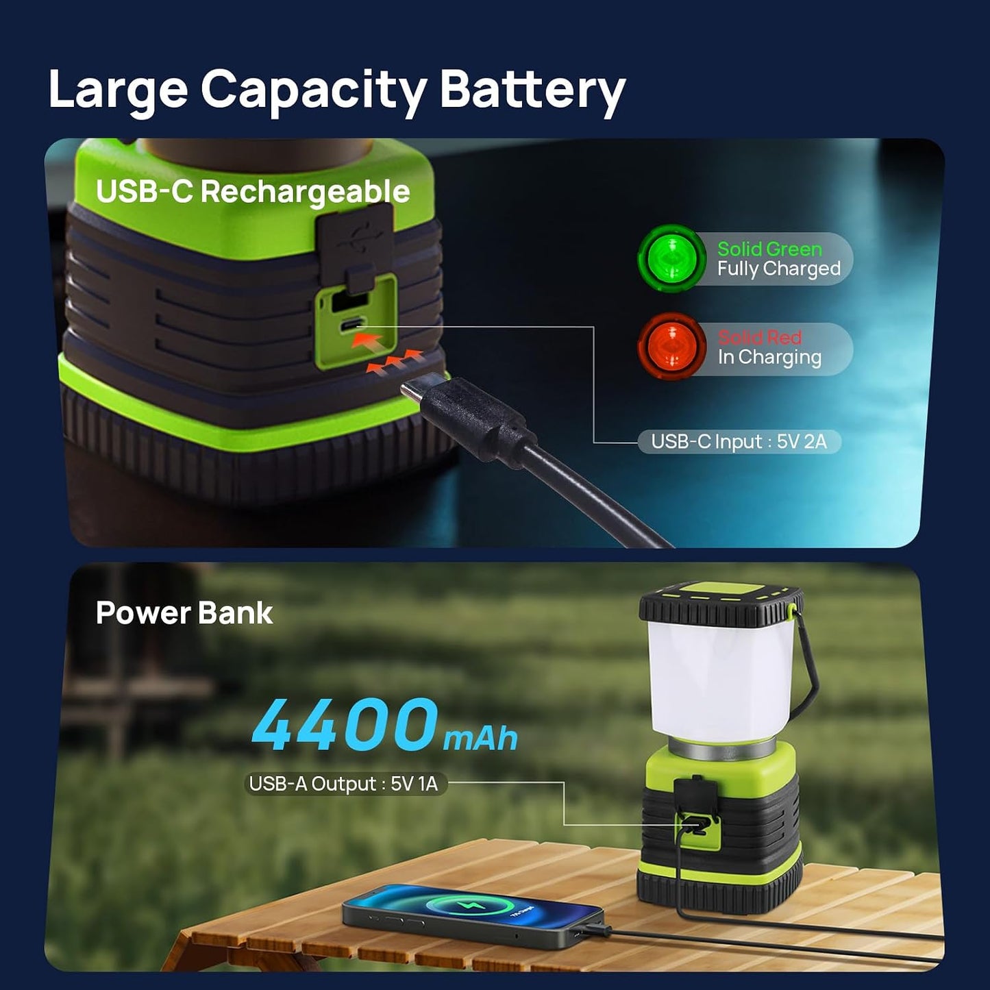 LED Camping Lantern Rechargeable, Consciot Camping Lights, 1000LM, 4 Light Modes, 4400mAh Power Bank, IPX4 Waterproof Tent Lights, Dimmable Flashlight for Emergency, Power Outages, USB Cable Included