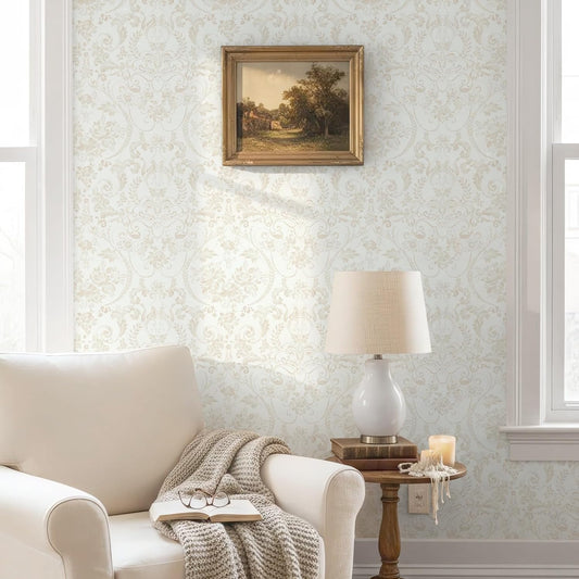 Ismoon Floral Peel and Stick Wallpaper Vintage Beige Contact Paper Watercolor Damask Wallpaper Boho Waterproof Removable Self-Adhesive Wall Paper for Bedroom Shelf Cabinet Décor 17.3in x 6.56ft