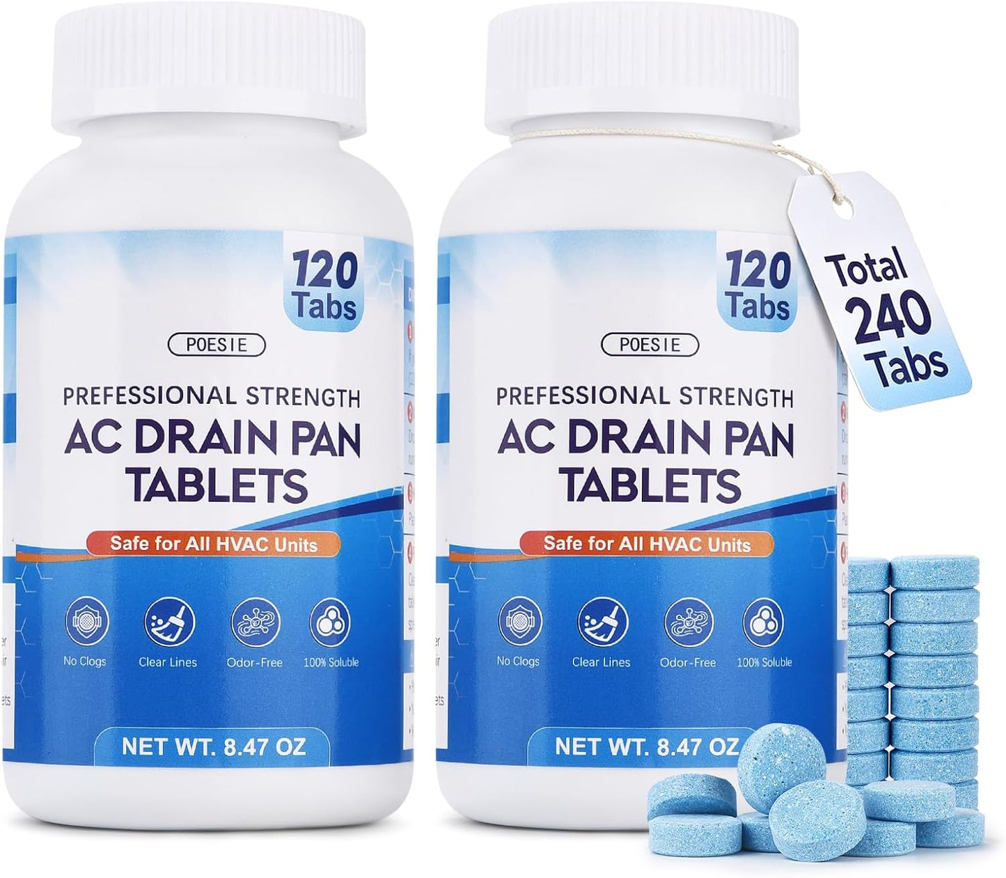 Poesie AC Drain Pan Tablets 120 Count, Condensate Tablets, Non-Clog Pan Cleaner, Effective Odor Control for All HVAC, Dehumidifiers and Appliance Pans
