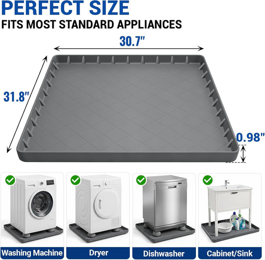 32"x31"x1" Washing Machine Drip Pan – Silicone Leak Proof Tray with 4 Anti Vibration Pads, Floor Protection for Washer, Dryer, Refrigerator