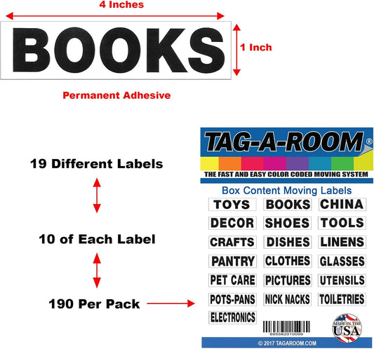 Tag-A-Room Moving Labels Content Pro Pack, 19 Content Labels, 190 Count, 1" x 4" Permanent Color Coding Moving Stickers, Moving Supplies