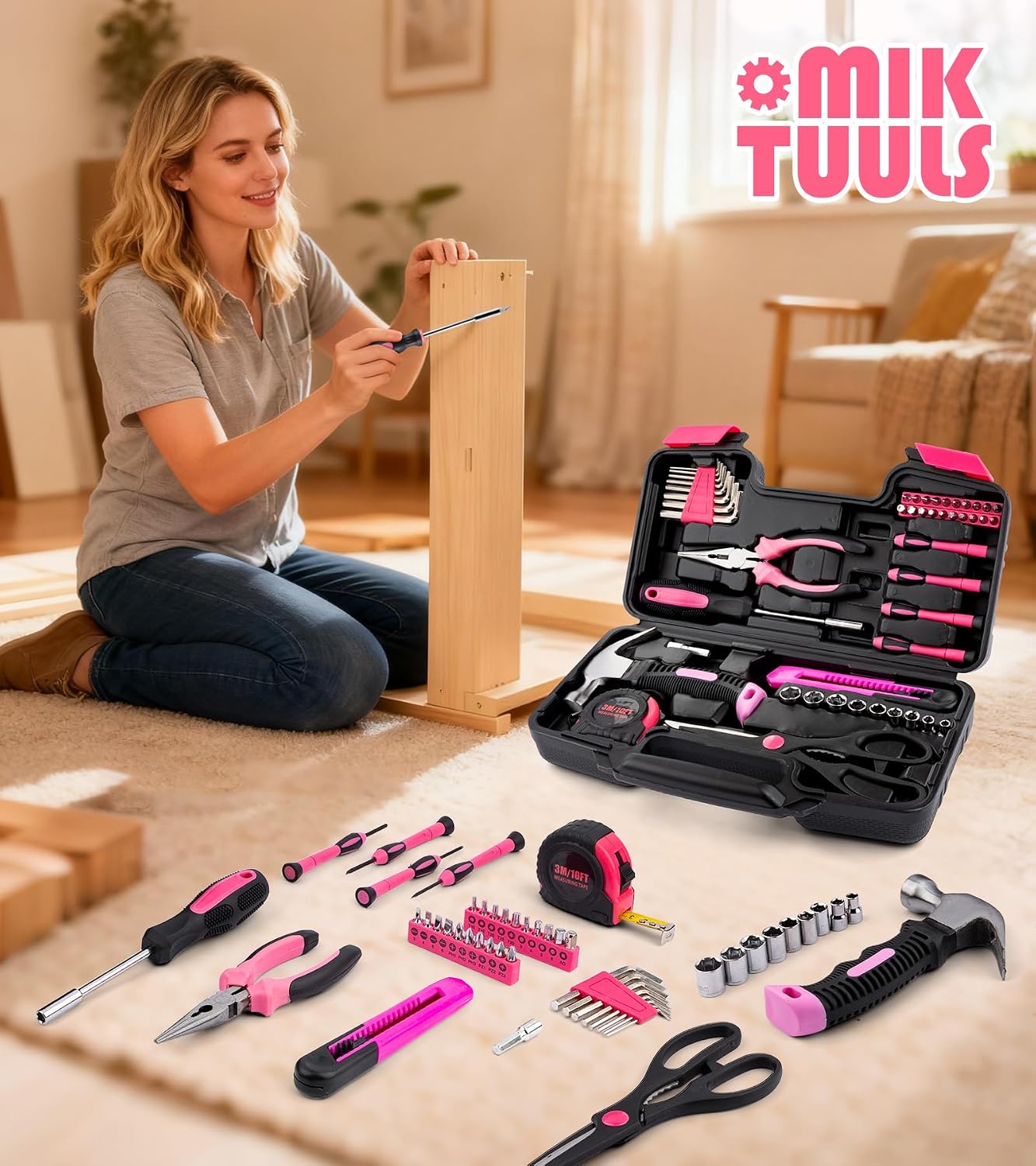 Tool Set 49PCS, Small Tool Kit, All Purpose Small General Household Tool Box for Home/Office/College Repair, DIY, Ideal Gift Choice, Pink