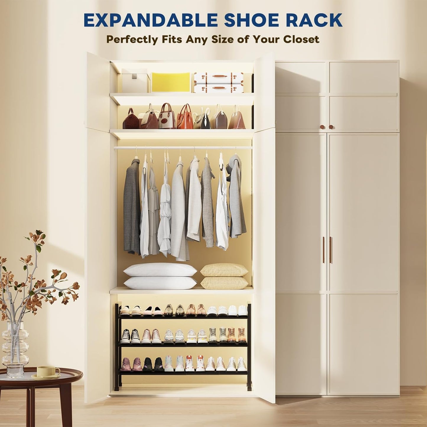 Mavivegue 19“- 43” Adjustable Shoe Rack, 3 Adjustable Length, 3 Tier Expandable Shoe Rack for Closet, Entryway, Shoe Shelf, Black