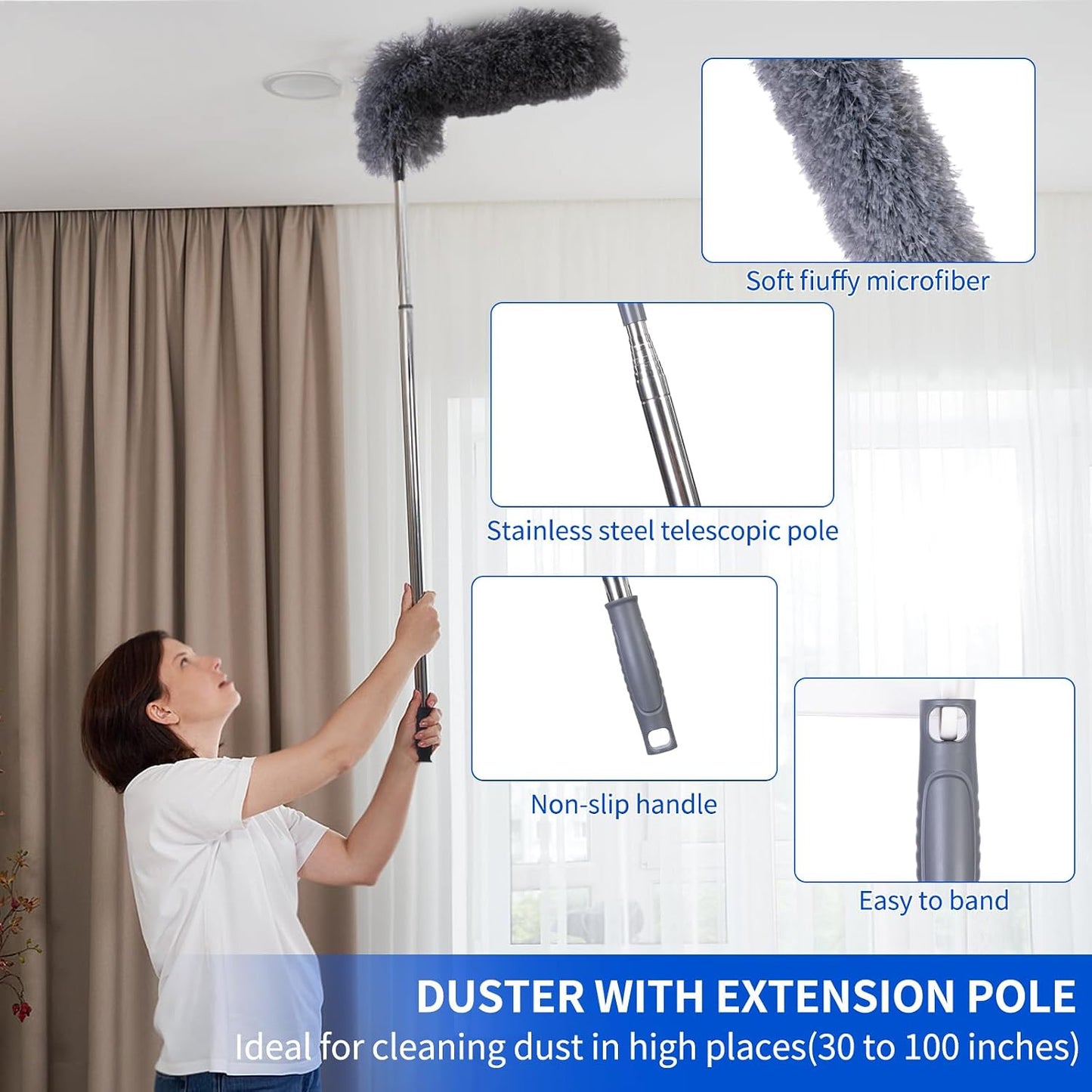 FrutPunch Duster with Extension Pole,Ceiling Fan Cleaner Duster Set of 6, Telescopic Cobweb Feather Duster 100 Inch,Ceiling Fan Duster, House Cleaning Tool Set