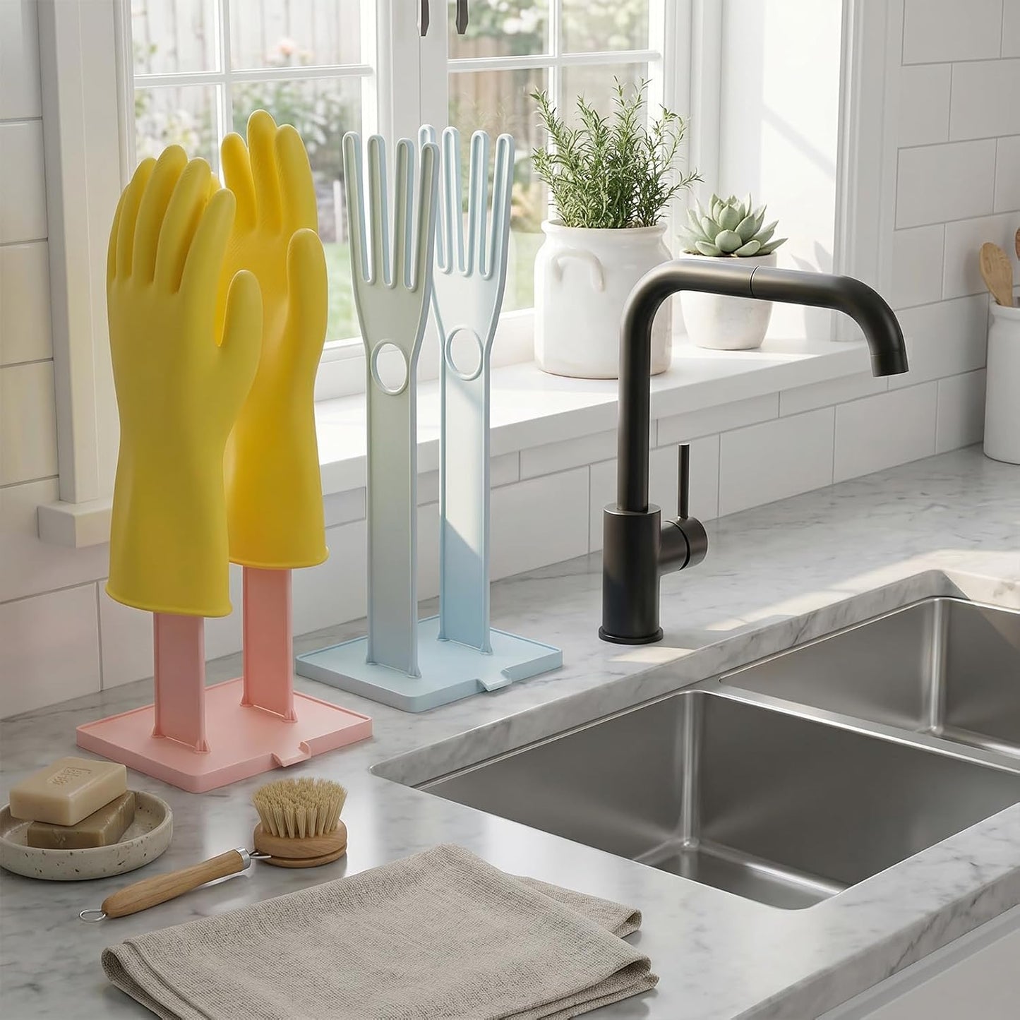 Kitchen Dish Glove Holder Reusable Plastic Dishwashing Gloves Drying Rack, Rubber Mitten Clothes Dryer Washing Sink Holders Stand Towel Hanger for Dish Gloves Rags Sponge Food Bag Organizer(Blue)