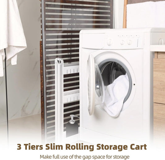 3 Tiers Slim Rolling Storage Cart, 3.5 Inches Slim Slide Out Bathroom Organizer Cart, Tiered Storage Rack with Wheels, Narrow Mobile Utility Cart for Laundry Room, Kitchen, Office, Sturdy Room