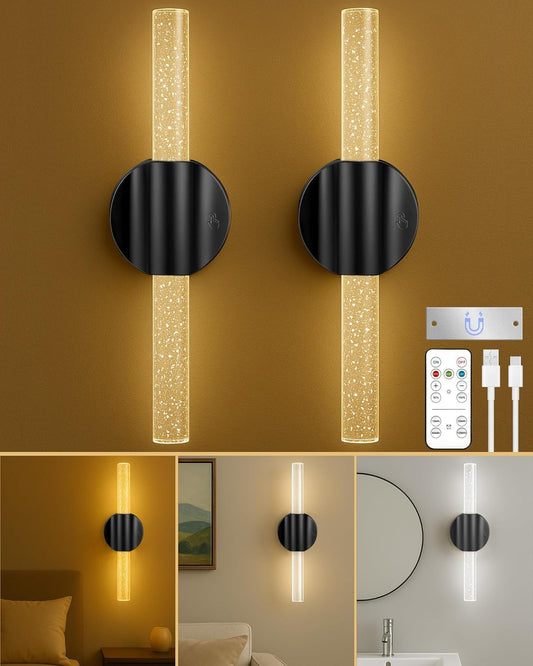 Peel and Stick on Wall Sconce set of 2, Rechargeable No Drill Gold Wireless Magnetic Battery Operated Wall Lights with Remote, Dimmable Cordless Wall Lamps for Bedroom Living Room Bathroom Decor