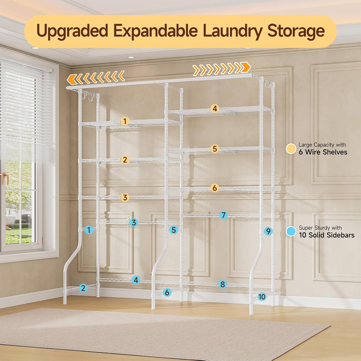 ONBRILL Expandable Over Washer and Dryer Shelves, 6 Tiers Laundry Room Organization and Storage with 2 Hanger Rods, 4 Hooks, Adjustable Height Metal Freestanding Clothes Drying Rack, Black
