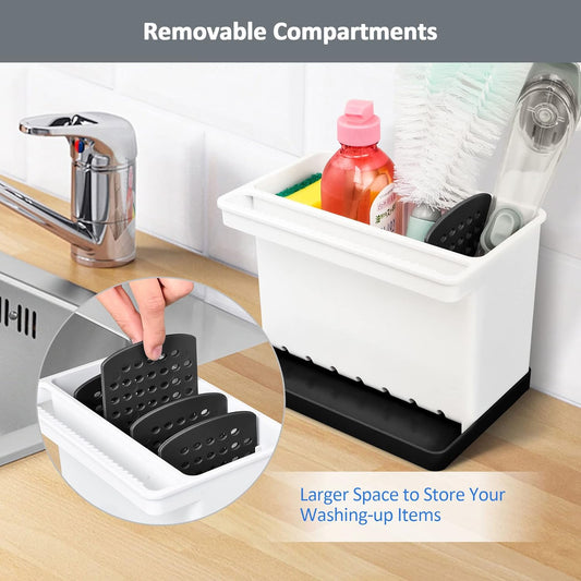 JOMOLA Kitchen Sink Organizer Dish Brush Sponge Holder Caddy Toothbrush Holders for Bathrooms Sinkware Kitchen Utensil Holder Sink Caddy Organizer with 4 Separate Dividers Removable Drain Tray (Grey)