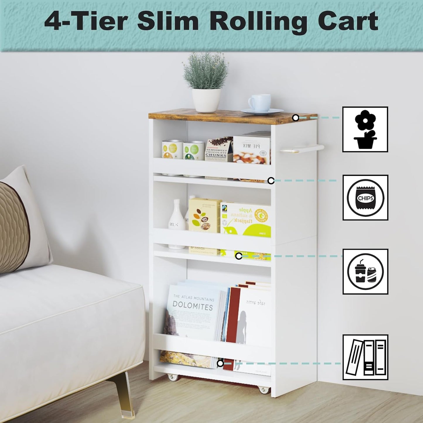 MARTY Slim Rolling Storage Cart 4-Tier Kitchen Cart with Wheels, Laundry Room Storage with Handle Slide Out Utility Cart Shelving Unit Organizer Trolley for Narrow Places Bathroom Small Corner, Black