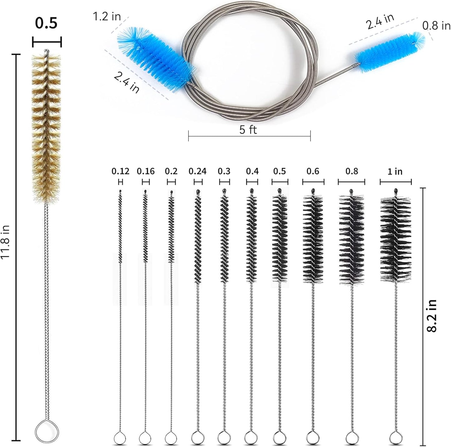 12 Pcs Tube Pipe Cleaners Brush Set,Flexible Drain Brush,Long Straw Brush,61-inch Flexible Double-Ended Hose Brush,8.2-inch Different Diameters Brush,12-inch Brass Wire Brush,for Kitchen Sink Plumbing