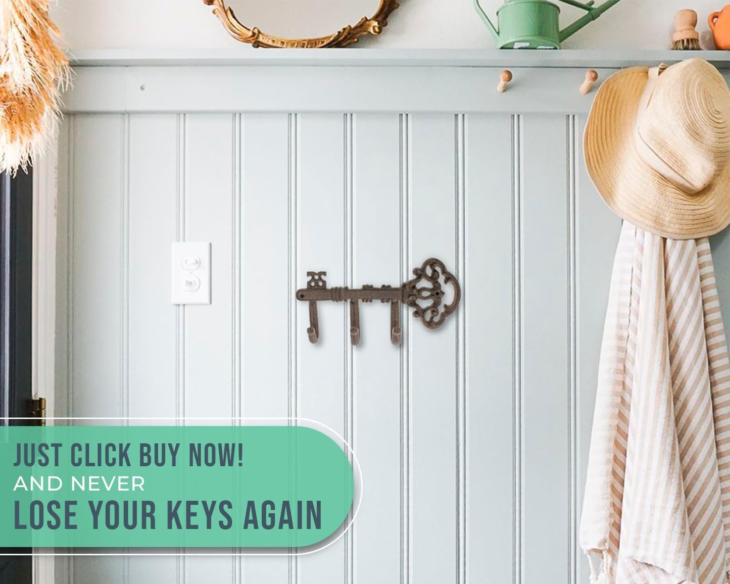 Comfify Brown Cast Iron Skeleton Key Wall Hook – 3 Hooks, 10.8" L | Brown; cast iron; 10.8"L x 2"W x 4.7"H; 3 hooks; KEYS embossed; matching brown screws; farmhouse entryway decor