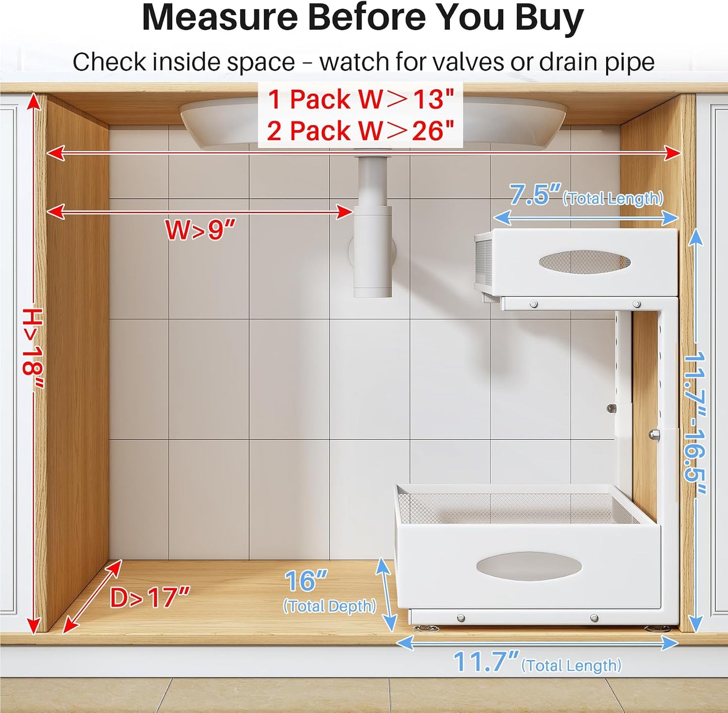Under Sink Organizer, 2 Pack 2 Tier Pull Out Under Cabinet Organizer Shelf with Pad for Framed Cabinets, Metal Slide Out Under Sink Storage, Mesh Sliding Drawers for Kitchen Bathroom Laundry, Black
