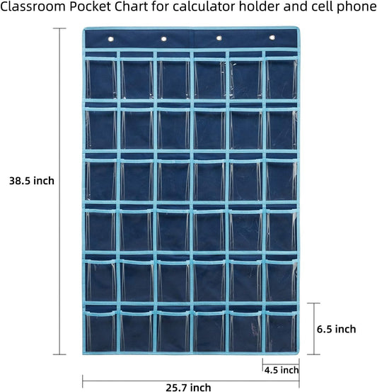 SAVERHO 36 Clear Pockets Classroom Pocket Chart for Cell Phone and Calculator Holder, Door Hanging Pocket Chart for Classroom Phone Holder with Number Sticker and Hooks (Blue)