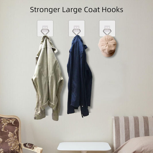 Large Adhesive Hooks 44Ib(Max), Wall Hooks Self-Adhesive Traceless Clear and Removable, Waterproof and Rustproof Hooks for Hanging for Home Bathroom Kitchen Office and Outdoor, 10-Pack