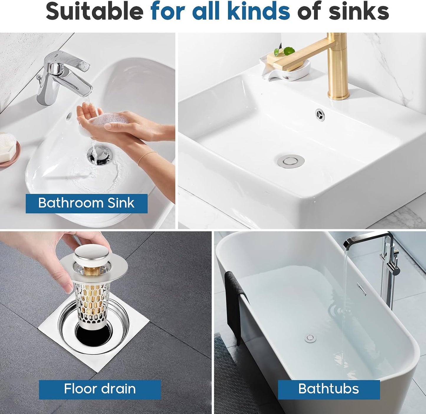 Bathroom Sink Drain Strainer, Adoric 2 Pack Universal Pop-Up Sink Stopper Hair Catcher, Anti-Clog Stainless Steel Drain Filter Basket, Removable Sink Drain for Bathroom Sink Stopper