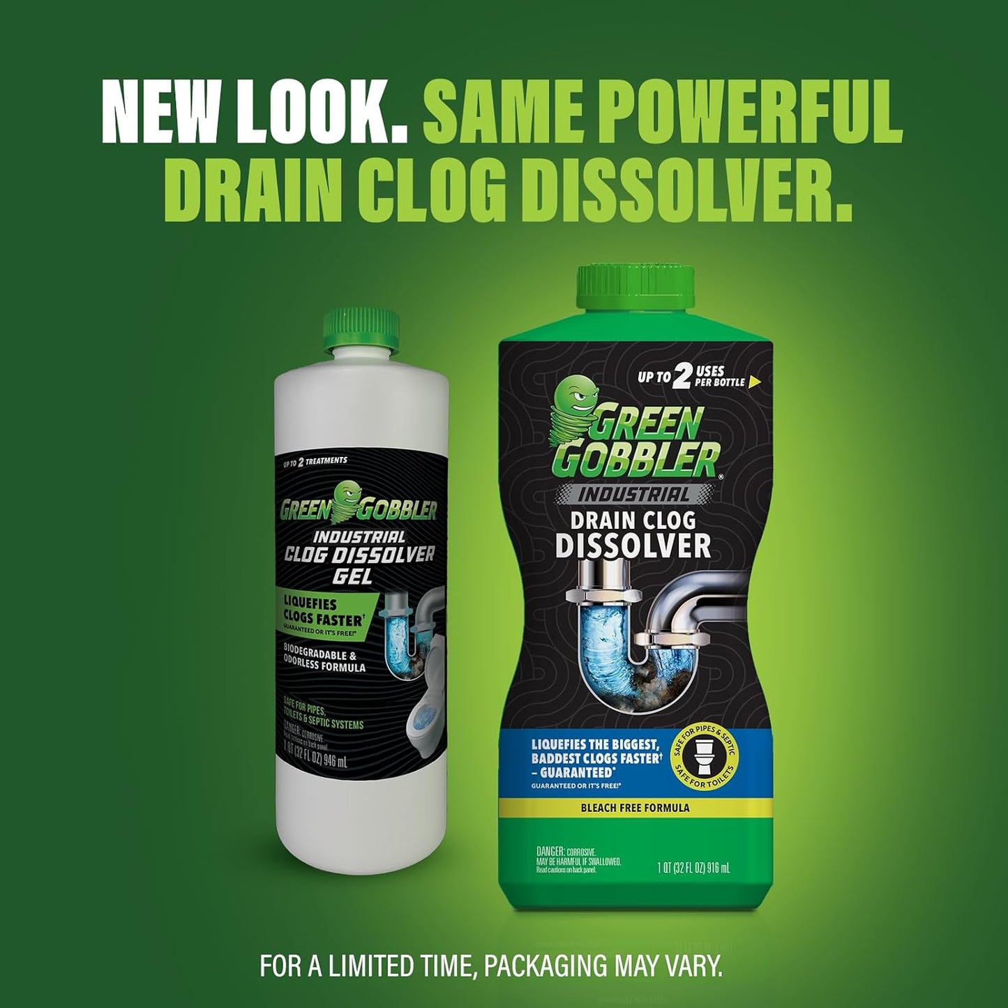 Green Gobbler Industrial Strength Grease and Hair Drain Clog Remover | Drain Cleaner Gel | Safe for Pipes, Toilets, Sinks, Tubs, Drains & Septic Systems (Packaging May Vary)