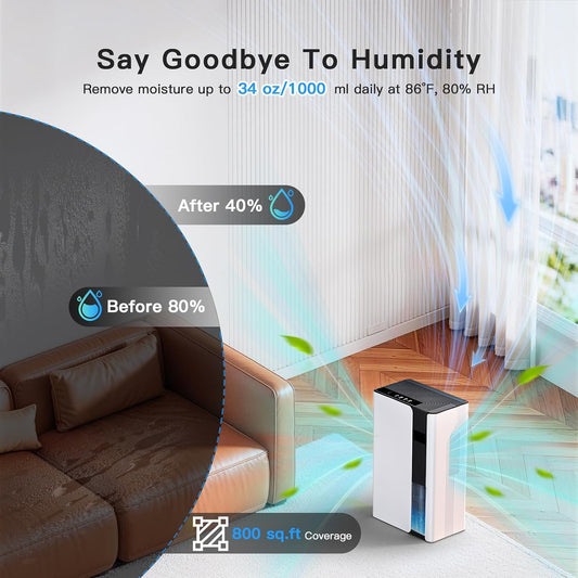 Dehumidifiers for Home, Quiet Dehumidifier for Bedroom for Small Spaces up to 800 sq.ft., 102oz Water Tank, Auto Shut-Off, Timer, 7-Color Light, Portable for Bathroom, Closet, RV, White