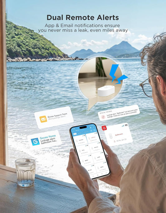 GoveeLife Upgraded Smart Water Leak Detector 1s with 1804ft Ultra-Long Range, WiFi Water Sensor with SMS/Email/APP Push and Sound Alarm,5-Year Battery Life, 6 Pack, Suit for Home, Basement, Kitchen