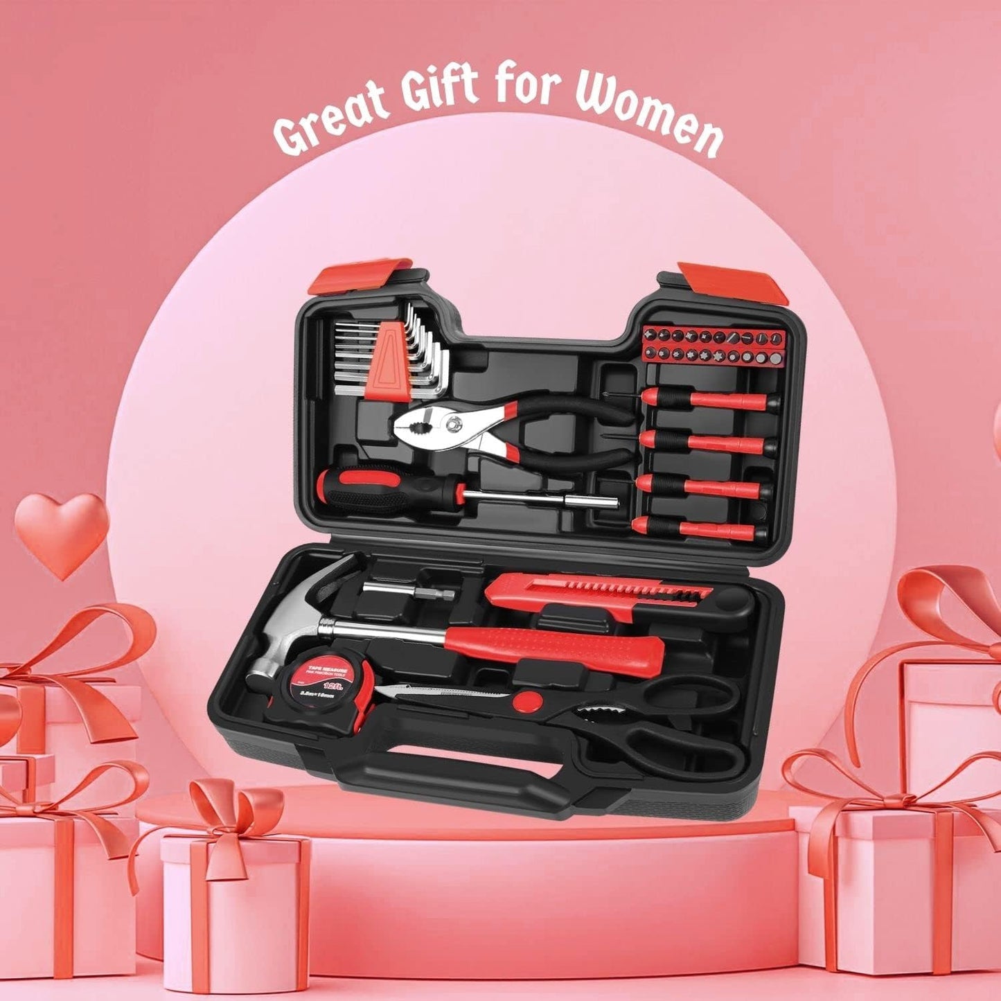 Flexzion 39 Piece Hand Tool Kits with Case - Compact Tool Kit for Handyman, Homeowners DIY - Household Tool Kit for Home with Portable Basic Tool Set Case, Pink