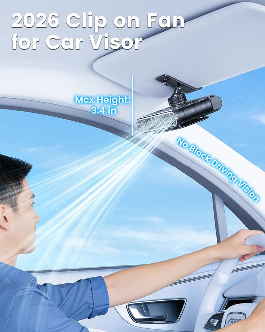 2026 Car Clip on Fan for SUV Pickup Truck RV Visors No Blocking, Portable 3000mAh Rechargeable Fan for Car Desk Kitchen Bathroom Camping - Powerful Turbo Engine 5-Speed Setting (Black)