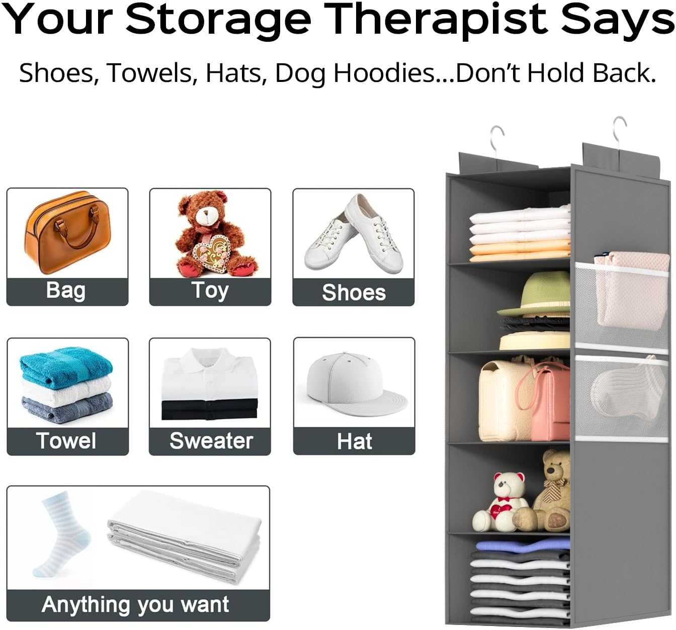 Deep Hanging Closet Organizers and Storage, Closet Hanging Storage Shelves with 5 Shelves and 4 Mesh Pockets, Heavy-Duty Closet Organizer for Clothes, Hats, and RVs and Dorm Essential,1-Pack, Grey