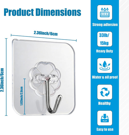 10 Pack Heavy Duty Self Adhesive Wall Hooks, Holds 33lb Max - Transparent Waterproof & Oilproof Hooks for Bathroom, Kitchen, No Drilling Strong Adhesive Holds Towels, Robes, Coats, Utensils
