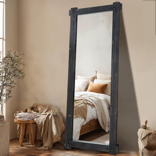 65x24 Inch Full Length Mirror, Pine Frame Full Body Standing Mirror with Metal Decorative, Black