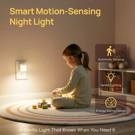 Plug-in Night Light with Motion Sensor, Dusk-to-Dawn Light Sensor, Stepless Dimming LED Night Lights for Bedroom, Hallway, Bathroom, Kids Room, Energy Efficient, 4-Pack