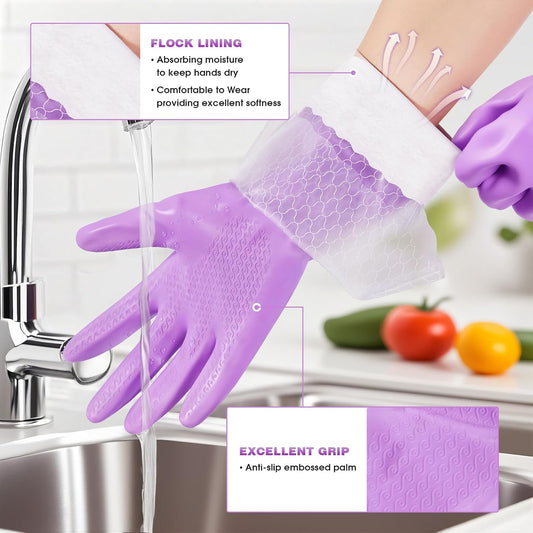 Elgood Reusable Long Sleeve Dishwashing Cleaning Gloves with Latex Free,Cotton Lining,Kitchen Gloves 2 Pairs,Purple+Blue M