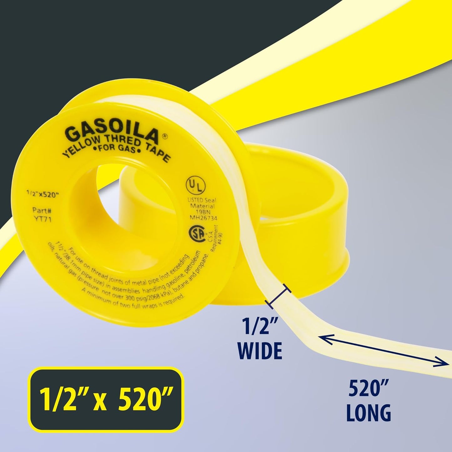 Gasoila Yellow PTFE Thread Seal Tape – Professional-Grade, 1/2 Inch x 260 Inch, High-Density Thread Tape for Gas Lines– Leak-Proof Seal, Non-Toxic