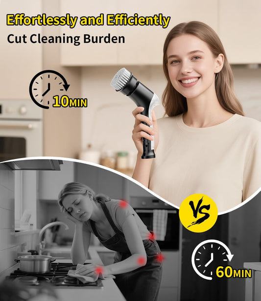 Electric Spin Scrubber, Cordless Power Dish Scrubber Brush, Type-C Fast Charging with LED Power Display, 3 Speeds, 6 Replaceable Heads for Cleaning Kitchen Stove/Bowl/Sink/Corner/Tile/Grout (Grey)
