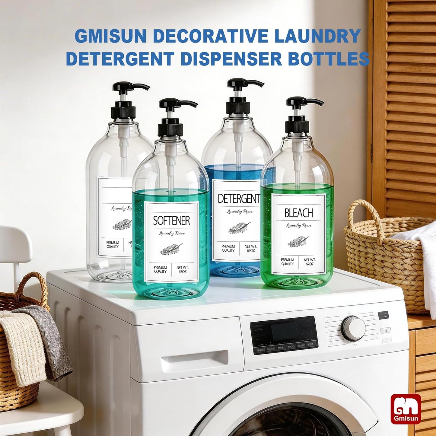 GMISUN Laundry Detergent Soap Dispenser, Liquid Laundry Detergent Dispenser, Container for Farmhouse Laundry Room Decor, Organizer for Liquid SoftenerBleach Heavy Duty Plastic Bottle(64 Oz 3 Pack)