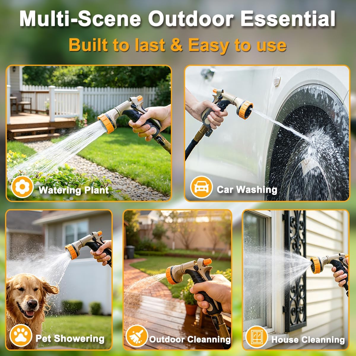 FANHAO Heavy Duty Garden Hose Nozzle, 100% Metal Rear Trigger Hose Sprayer for Garden Hose High Pressure, 7 Spray Patterns Water Hose Nozzle for Plants Watering, Cars Washing & Pets Bathing