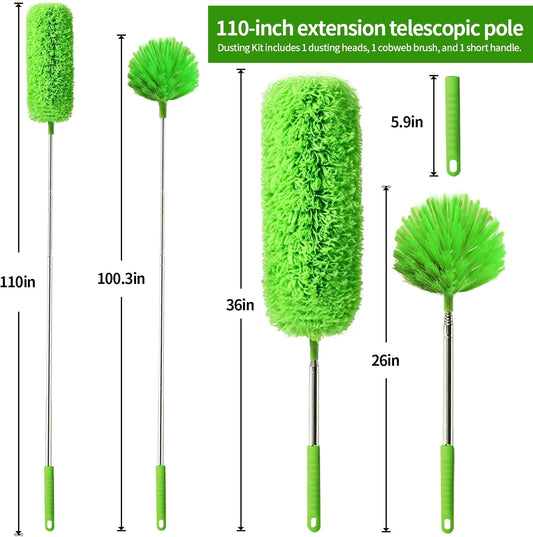 Cobweb Duster with Extension Pole, Washable Cleaning Duster Set with 2 Duster Heads, Corner Brush, 15-110-Inch Telescoping Pole for high Ceiling Fans, Long Duster for high Ceilings,Spider Web Brush