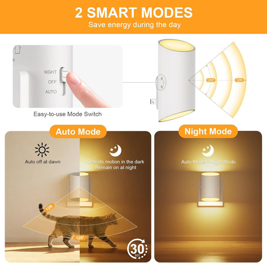 LED Night Light Plug into Wall with Motion Sensor & Dusk to Dawn Sensor, Soft White 3000K, 1-100LM Adjustable Brightness, Nightlights for Bathroom, Hallways, Bedroom, Stairway, 2 Pack