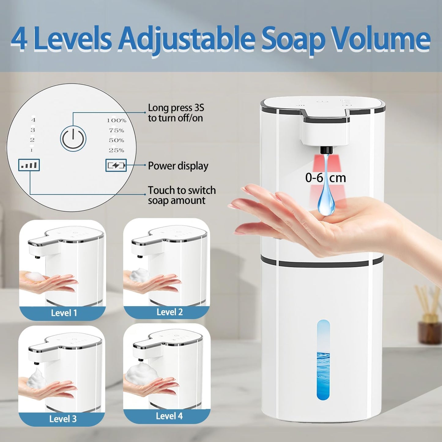 Automatic Soap Dispenser, Dish & Hand Foaming Soap Dispenser for Bathroom Kitchen, Liquid Auto Smart Electric Foam Pump Touchless,420ml-4 Levels Adjustable