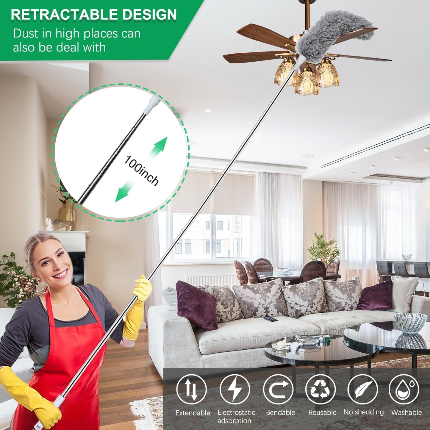 100" Extra-Long Microfiber Feather Duster, Extendable Pole Dusters, Telescoping Cobweb Duster for Cleaning, Bendable and Washable Microfiber Head, Cleaner for High Ceiling, Fan, Furniture
