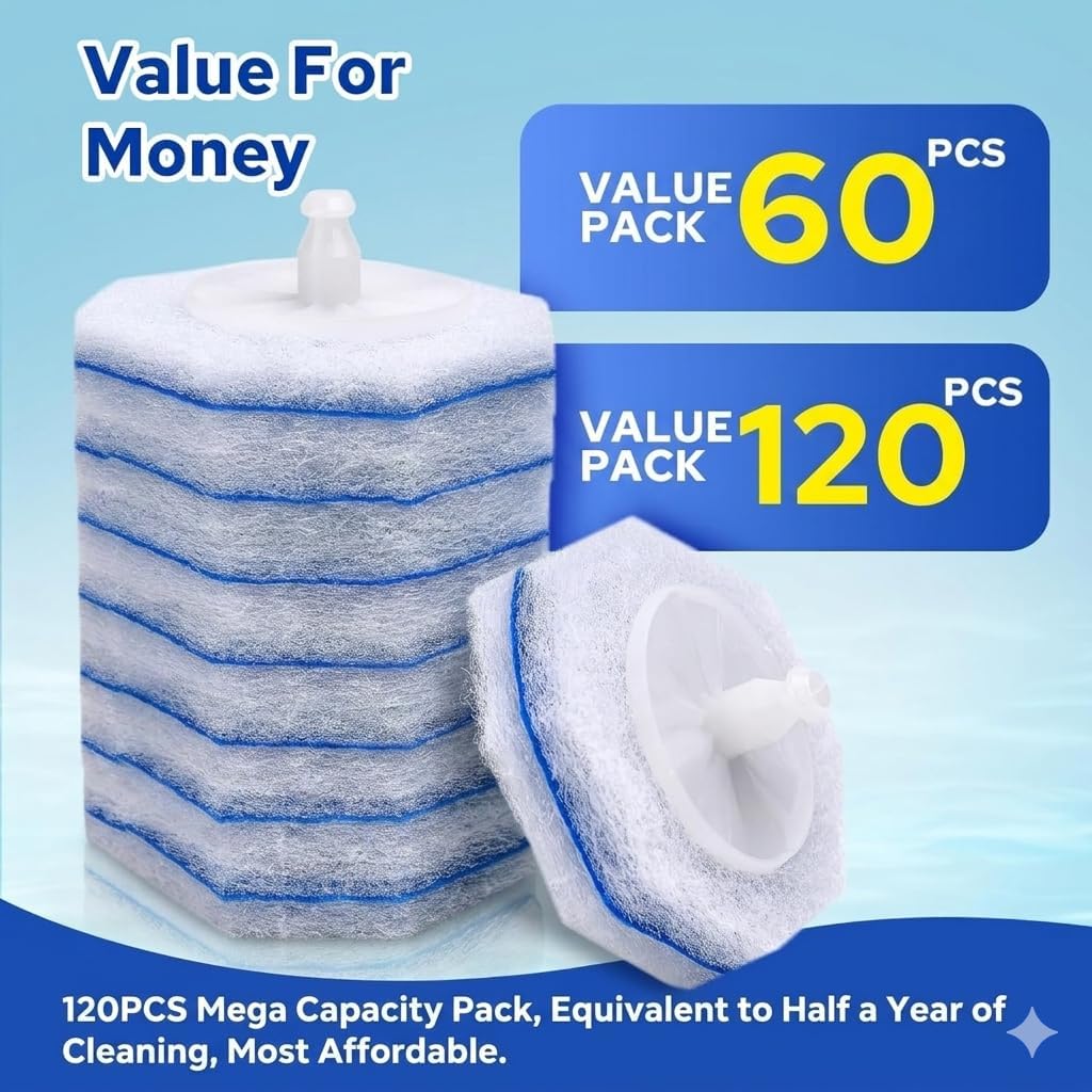 60pcs Disposable Toilet Brush Refills, Toilet Bowl Cleaner Refill Pads, Compatible with Most Toilet Cleaning Wands & Systems, Disposable Scrubber Refill Heads for Deep Bathroom Cleaning