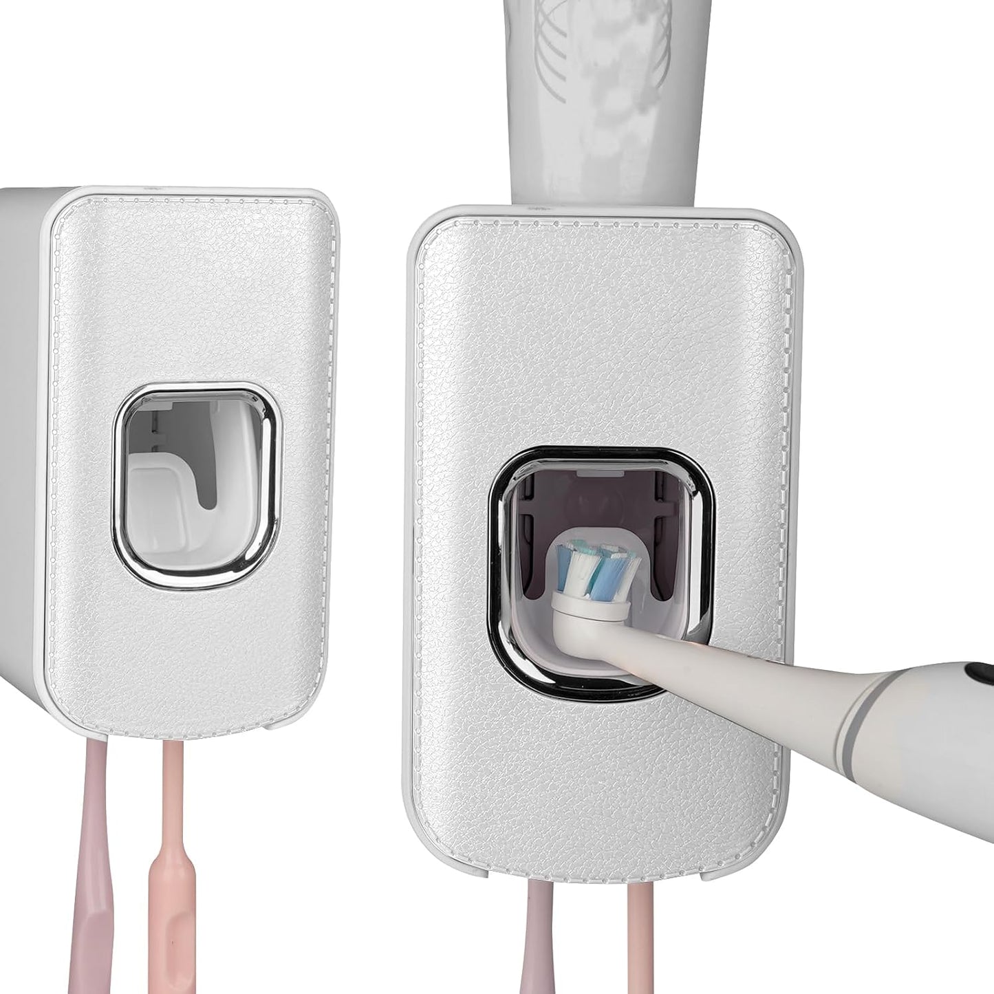 2 Slot Toothbrush Holder and Toothpaste Dispenser Wall Mounted, Automatic Toothpaste Squeezer, 2 in 1 Tooth Brush Toothpaste Organizer for Shower (Grey)