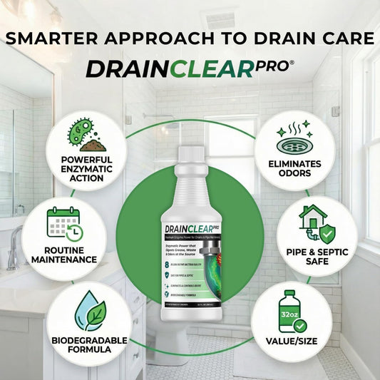 DrainClear Pro Enzyme Drain Cleaner 32oz - Enzymatic Liquid Hair and Grease Clog Remover, Kitchen Sink, Bathroom, and Shower Drain Cleaner, Pipe Maintainer, Septic Safe Enzyme Cleaner and Treatment
