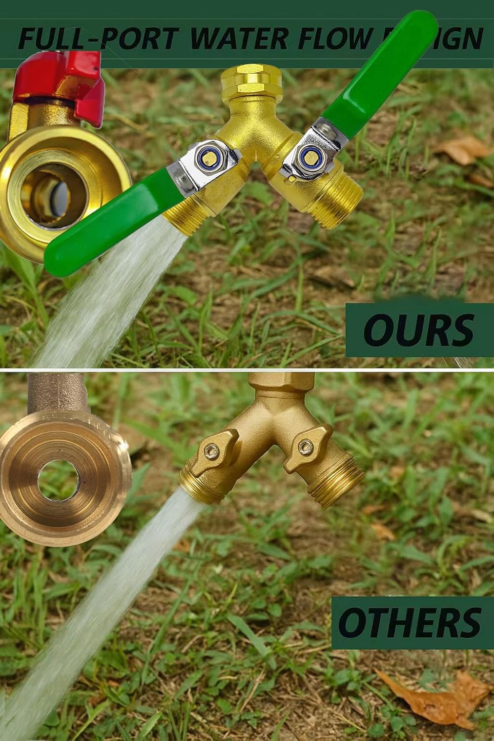 Upgraded Full-Flow Brass Garden Hose Splitter, 3/4 Inch,2-Way Y Connector for Outdoor Faucet, Heavy-duty Handle & Individual Shut-Off Valves, Ideal for Garden Irrigation & Cleaning Tasks