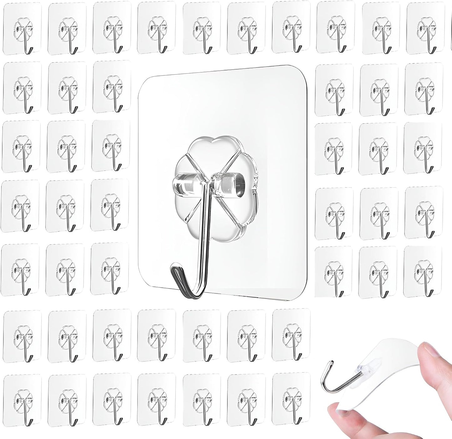 Adhesive Hooks for Hanging, Heavy-Duty Wall Hooks, Self-Adhesive Transparent Hooks, Waterproof Towel & Coat Hooks for Bathroom, Shower, Kitchen, Keys, Doors, Outdoor Use - 25 Pack
