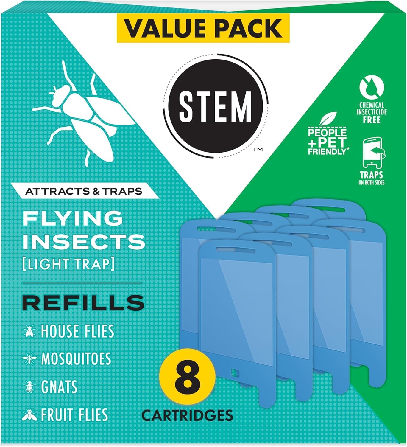 STEM Insect Trap - Indoor Fruit Fly & Gnat Pest Control for House, Home and Kitchen, Attracts & Traps Flying Bugs, Soft Blue Light - Includes 1 Plug-in Device & 3 Cartridges