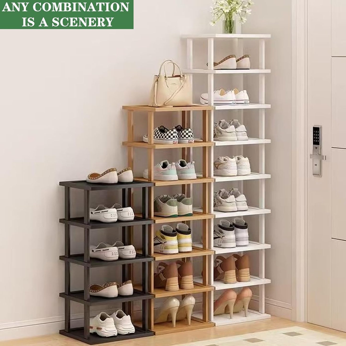 SAN HE 7-Tier Modern Bamboo Shoe Rack - Vertical, Slim, Space-Saving Shoe Organizer for Small Spaces, Closet, Entryway, Corner, Garage, Bedroom