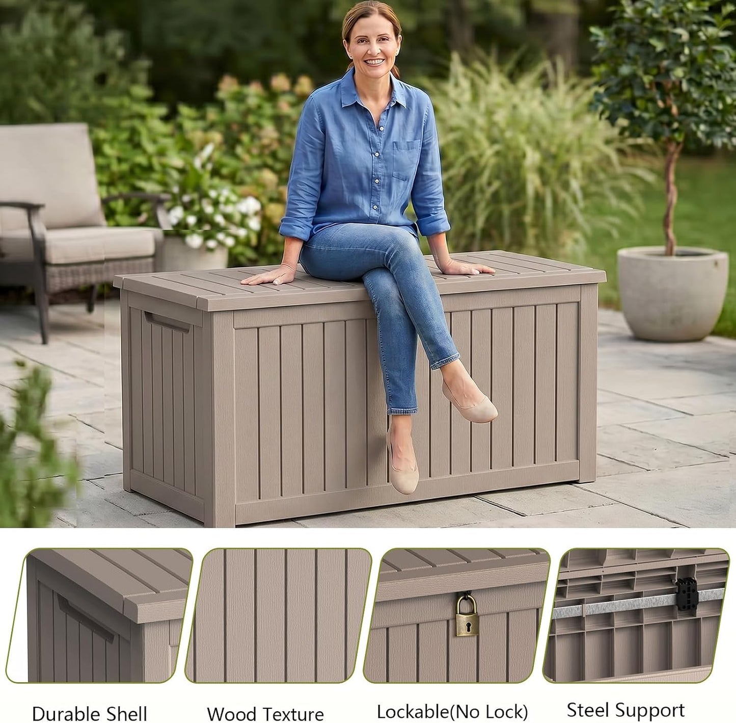 Waterproof Outdoor Storage Box Outside Deck Box Lockable Resin Bench UV Resistant Furniture Cushion Pool Tool Float Bin Patio Garden Porch (Black, 120 Gallon)