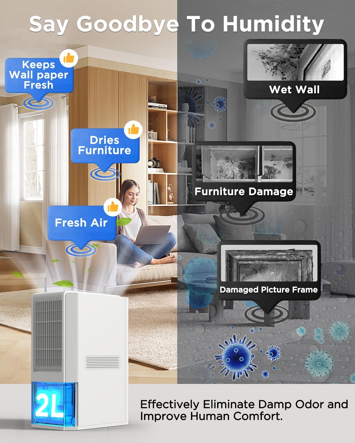 EasyAcc Bathroom Dehumidifier, 45 oz/Day Small Dehumidifier for Bathroom, Quiet Moisture Control Mini Dehumidifier for Home, Low-Temp Operation, Auto Shut-Off, 68 oz Tank, 7 LED Light for Closet RV