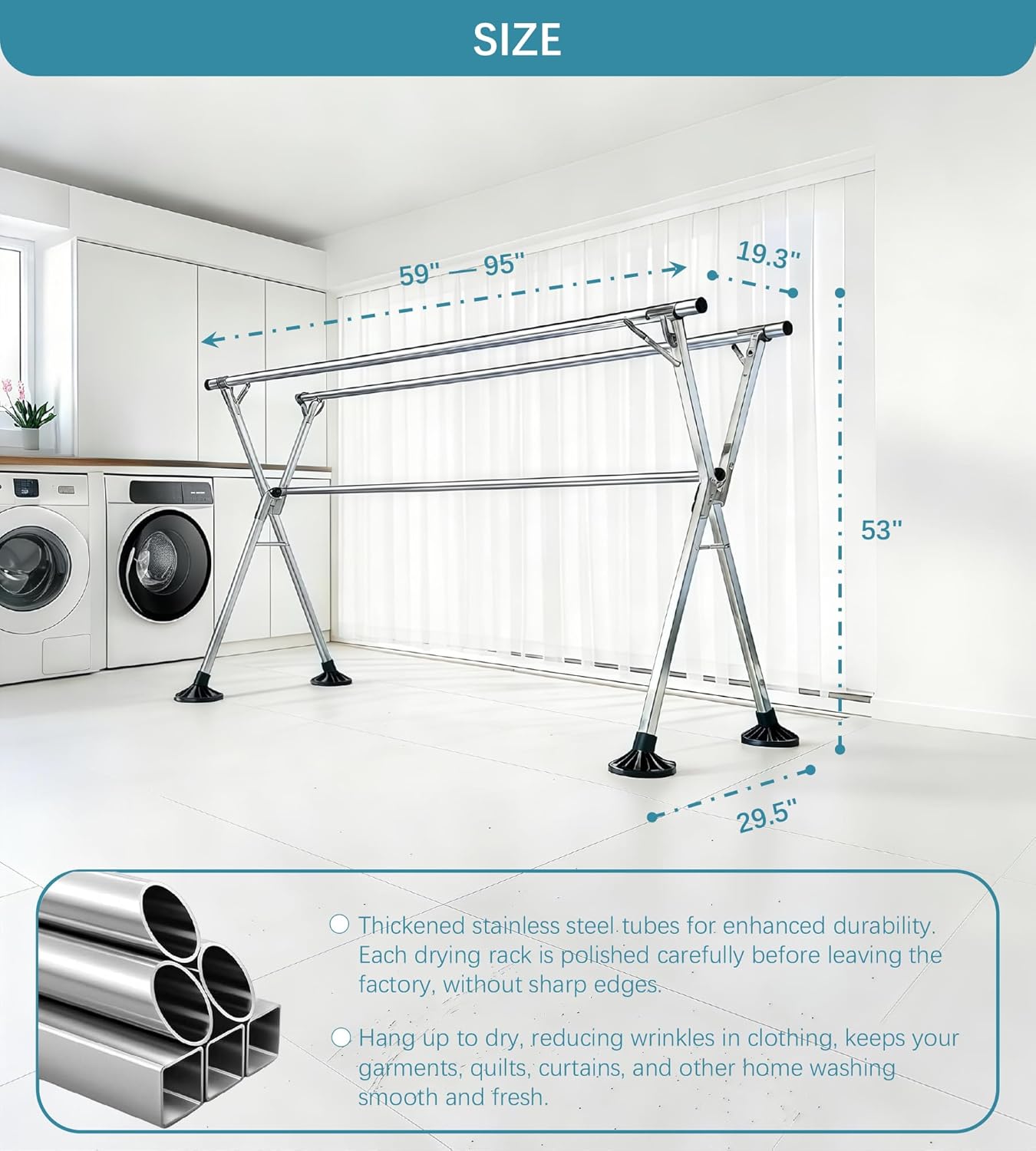 95 Inch Windproof Clothes Drying Rack, Heavy Duty Stainless Steel Folding Laundry Drying Rack for Indoor Outdoor Use, Collapsible Clothes Rack with 20 Hooks & 12 Clips