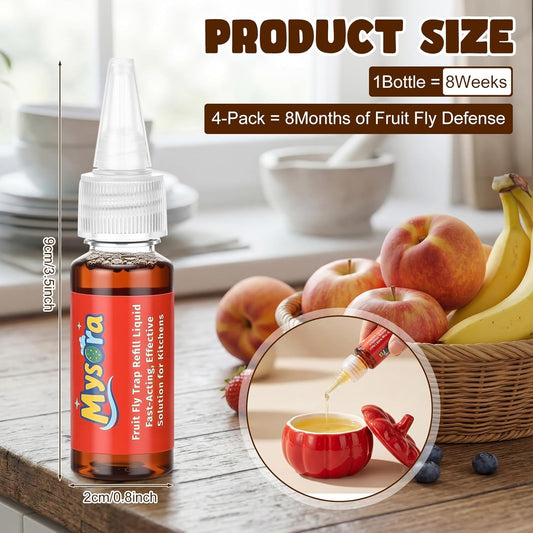 4 Pack Fruit Fly Trap Refill Liquid, 0.68 Ounces Per Bottle, Effective Fruit Fly Bait Refill, Suitable for Indoor Use, Kitchen Countertops, and Home Environments, Non-Toxic