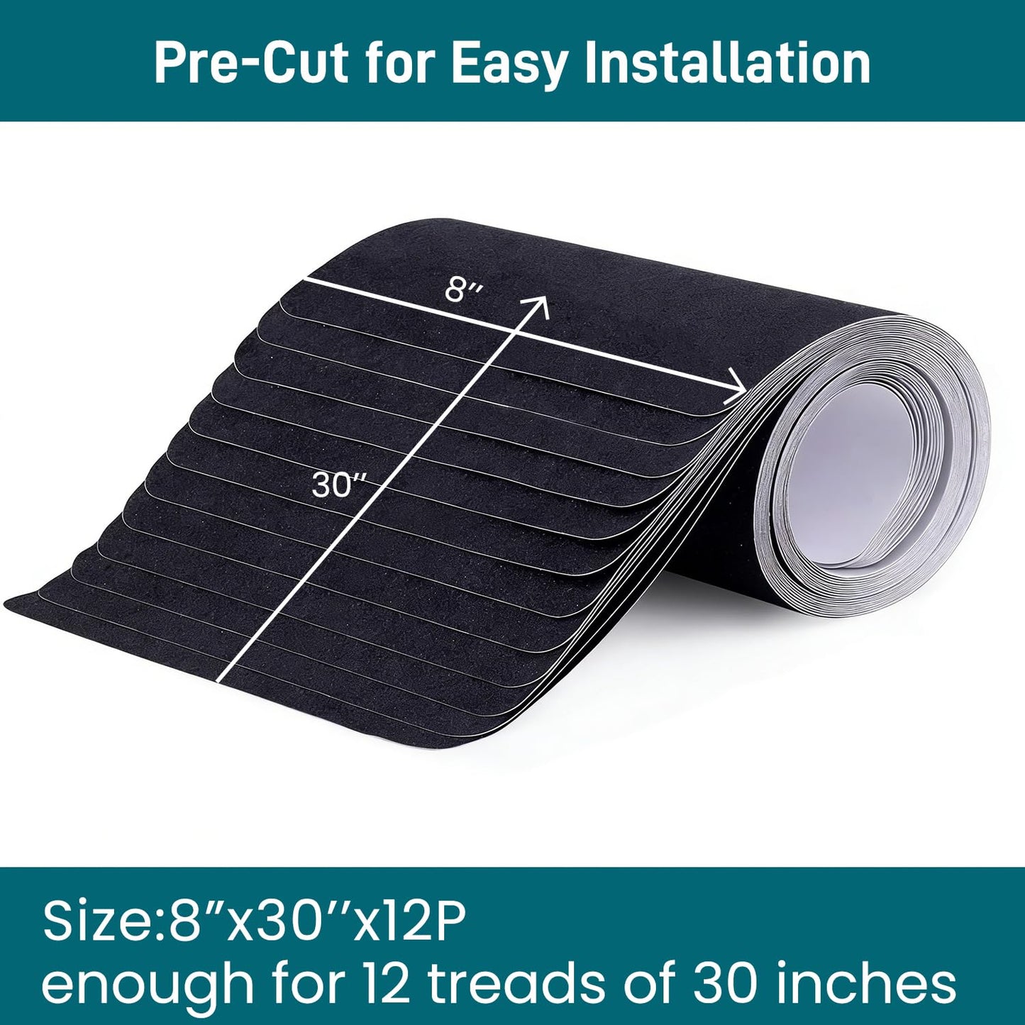 6" x 30" Anti Slip Traction Treads Tape (12-Pack), Pre-Cut Grip Tape for Stair Steps Outdoor, Waterproof Black Non Slip Stair Treads for Floor Safety, Easy to Install